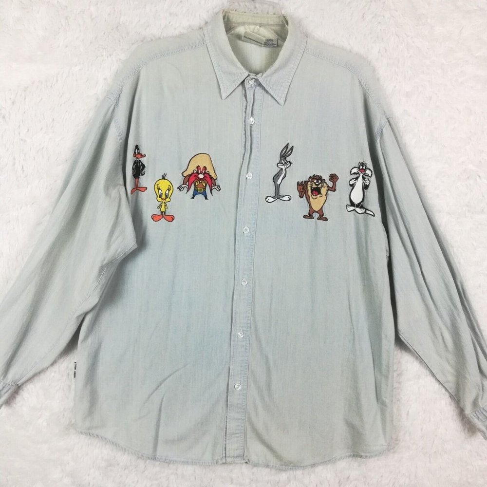 Vintage Acme Clothing Co Looney Tunes Mens Shirt Button Up Embroidered Blue L XL